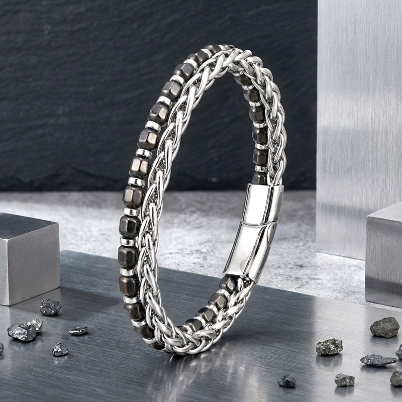 Elmas Kesim Hematit Ve Çelik Zincir Bileklik