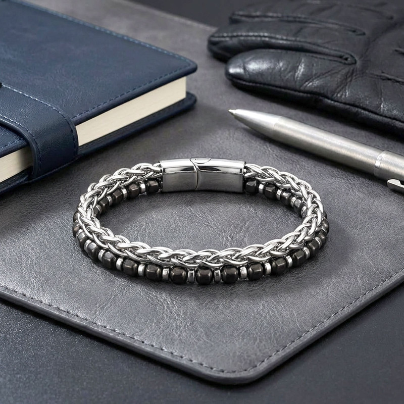 Elmas Kesim Hematit Ve Çelik Zincir Bileklik