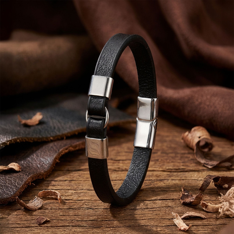Erkek Beyaz Çelik Ve Deri Bileklik Erkek Beyaz Çelik Ve Deri Bileklik