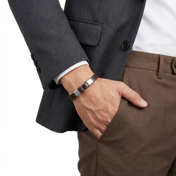 Erkek Beyaz Çelik Ve Kahve Deri Bileklik