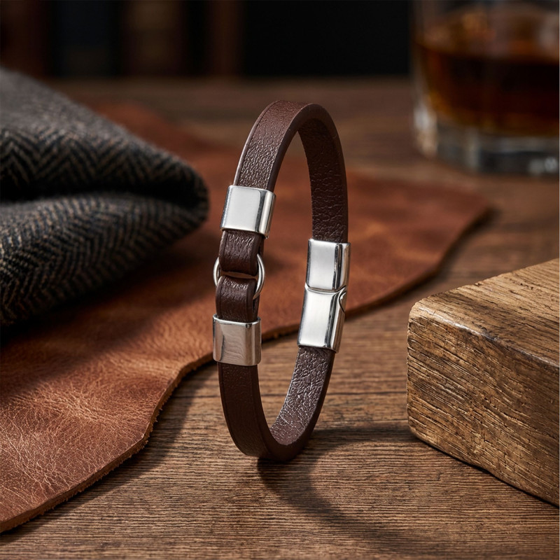 Erkek Beyaz Çelik Ve Kahve Deri Bileklik