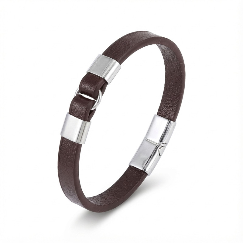 Erkek Beyaz Çelik Ve Kahve Deri Bileklik
