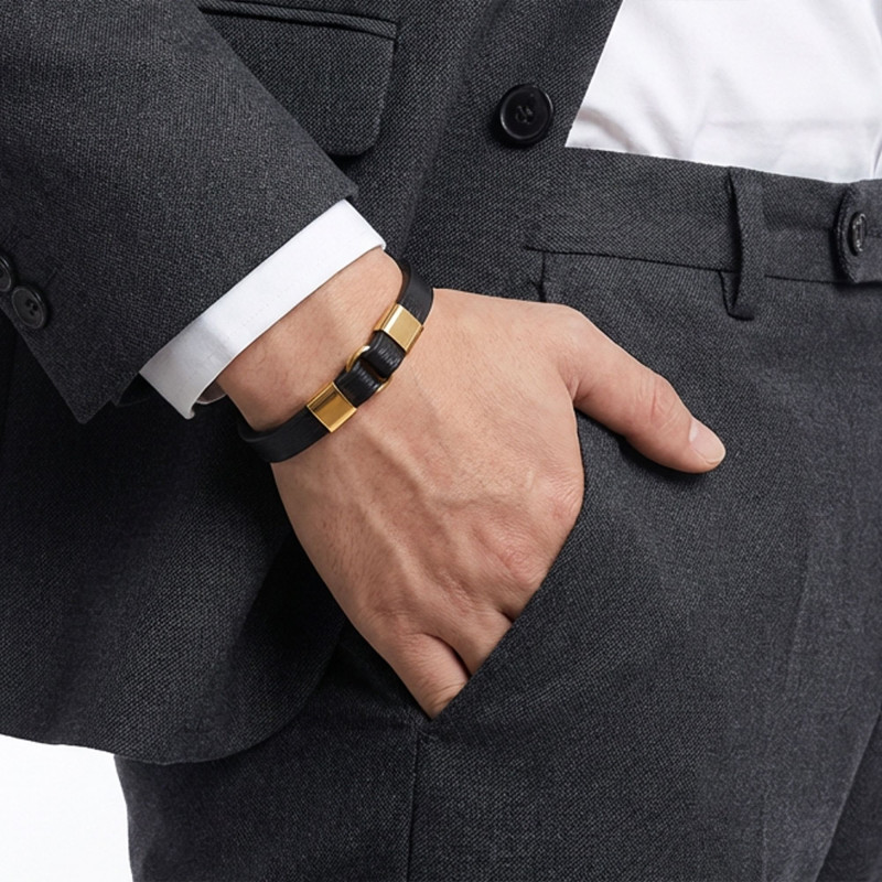 Erkek Sarı Çelik Ve Siyah Deri Bileklik