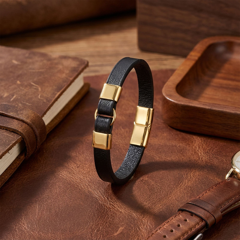 Erkek Sarı Çelik Ve Siyah Deri Bileklik