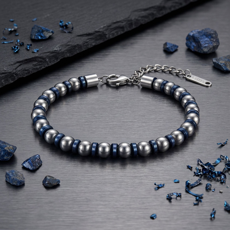 Gümüş Ve Mavi Renkli Hematit Ayarlanabilir Çelik Zincir Bileklik