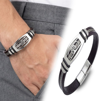 Hayat Ağacı Deri Kordonlu Çelik Halatlı Erkek Bileklik