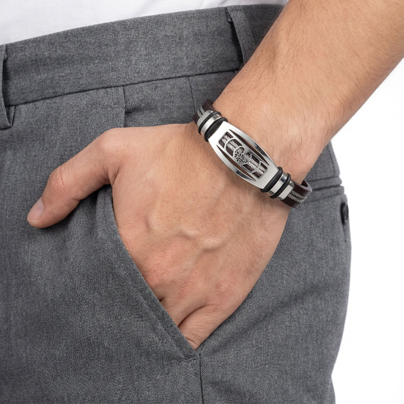 Hayat Ağacı Deri Kordonlu Çelik Halatlı Erkek Bileklik