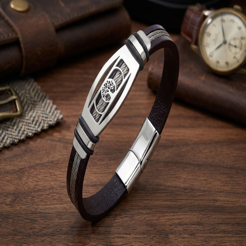 Hayat Ağacı Deri Kordonlu Çelik Halatlı Erkek Bileklik