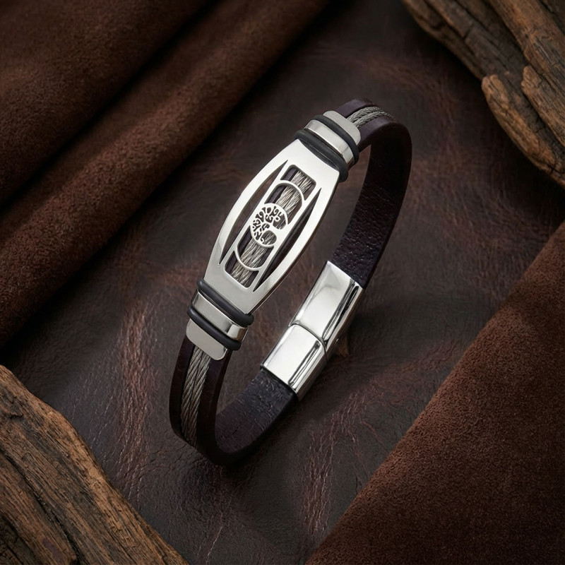 Hayat Ağacı Deri Kordonlu Çelik Halatlı Erkek Bileklik