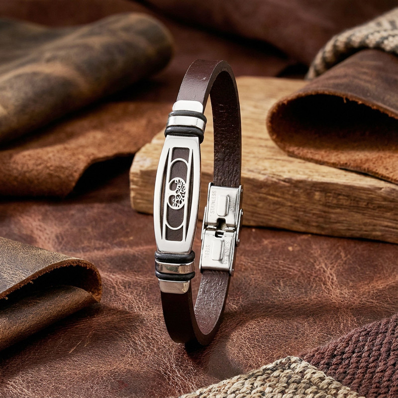Hayat Ağacı Motifli Ayarlanabilir Kordonlu Erkek Deri Ve Çelik Bileklik