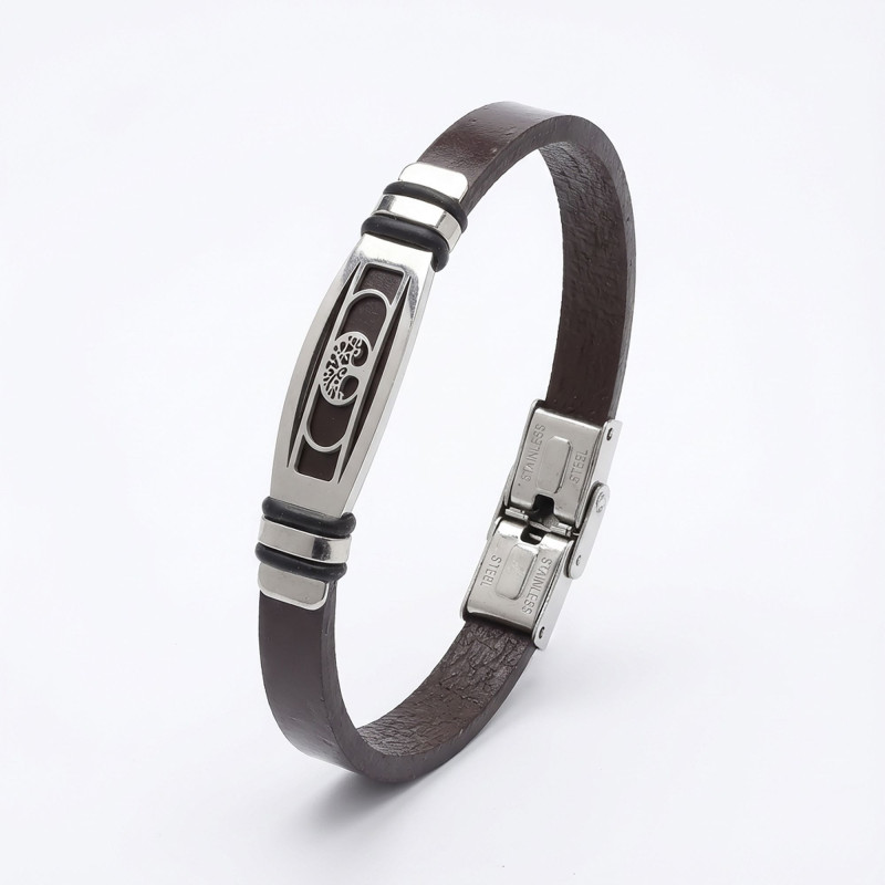 Hayat Ağacı Motifli Ayarlanabilir Kordonlu Erkek Deri Ve Çelik Bileklik