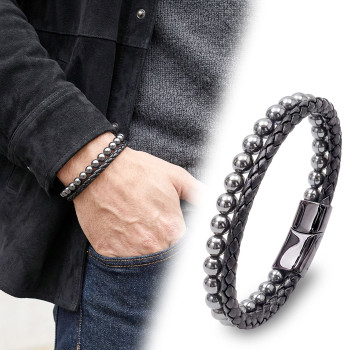 Hematit Doğaltaş Deri Erkek Bileklik