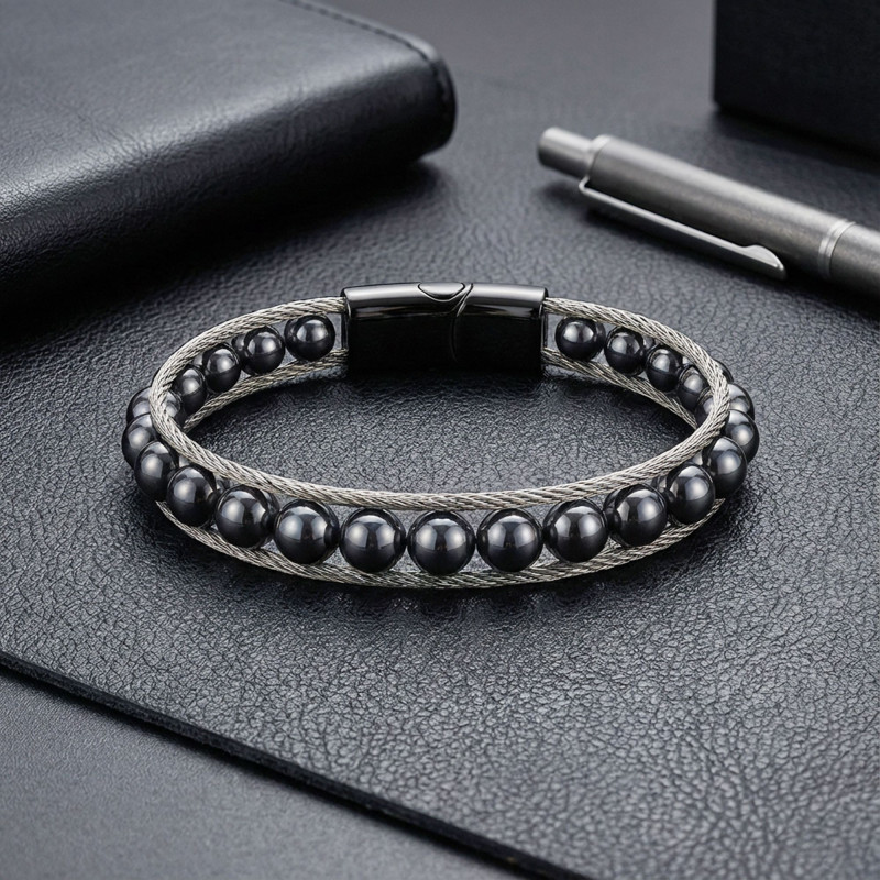 Hematit Doğaltaş Ve Çelik Halat Örme Bileklik