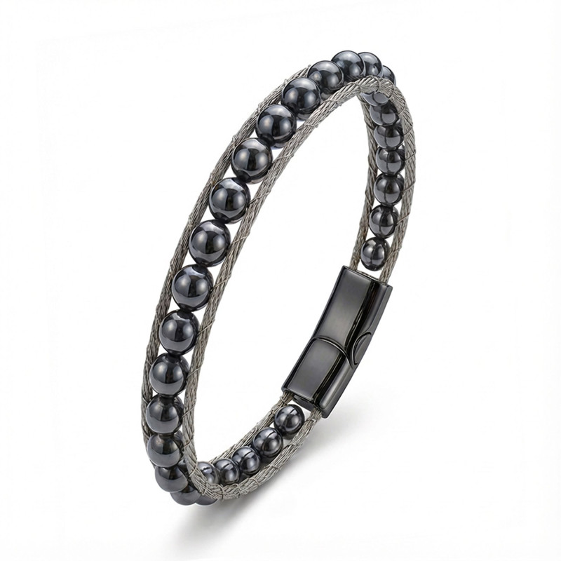 Hematit Doğaltaş Ve Çelik Halat Örme Bileklik