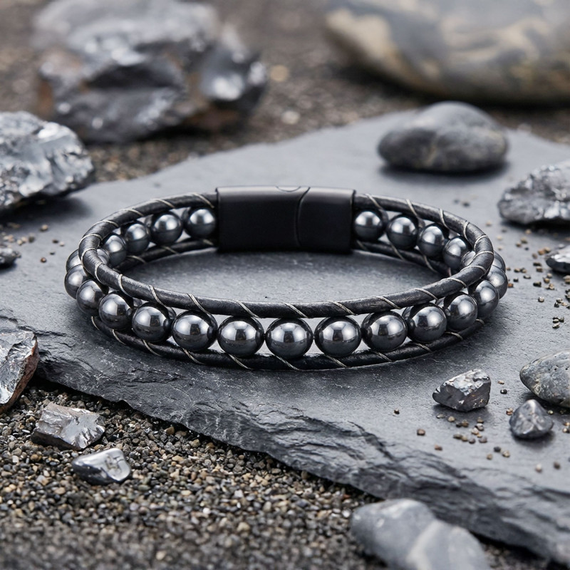 Hematit Doğaltaşlı Deri Bileklik