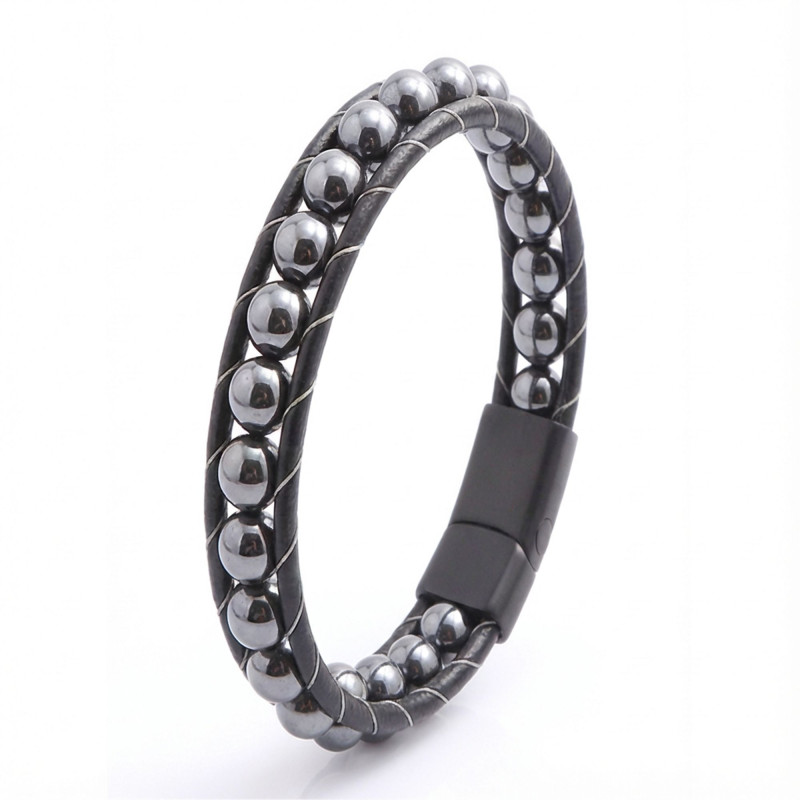 Hematit Doğaltaşlı Deri Bileklik