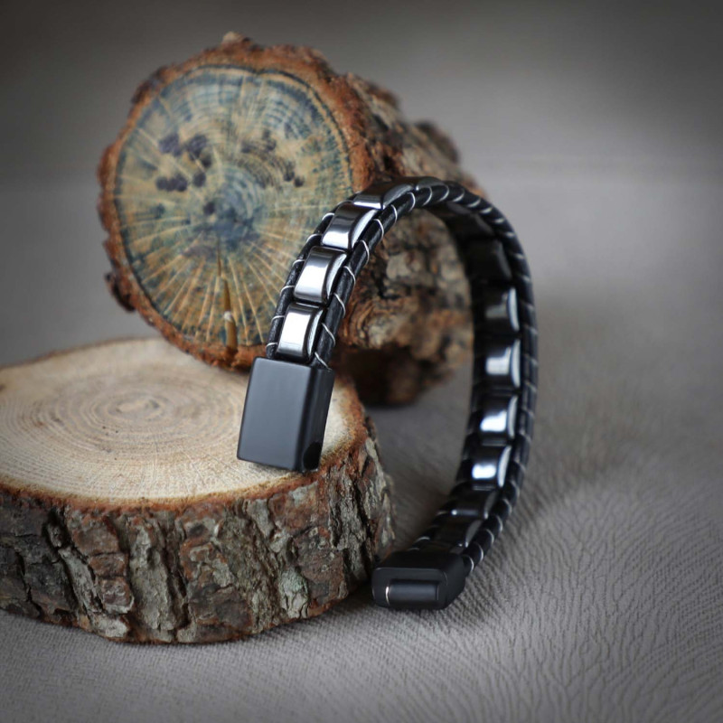 Hematit Örmeli Deri Bileklik