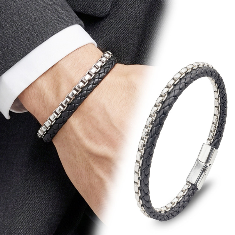 İkili Deri ve Çelik Zincir Bileklik