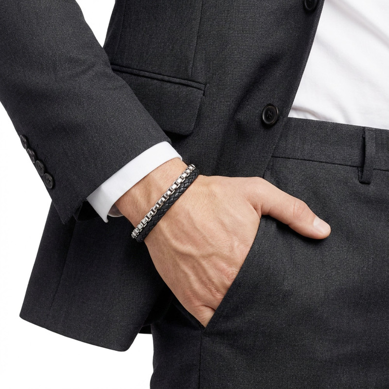 İkili Deri ve Çelik Zincir Bileklik