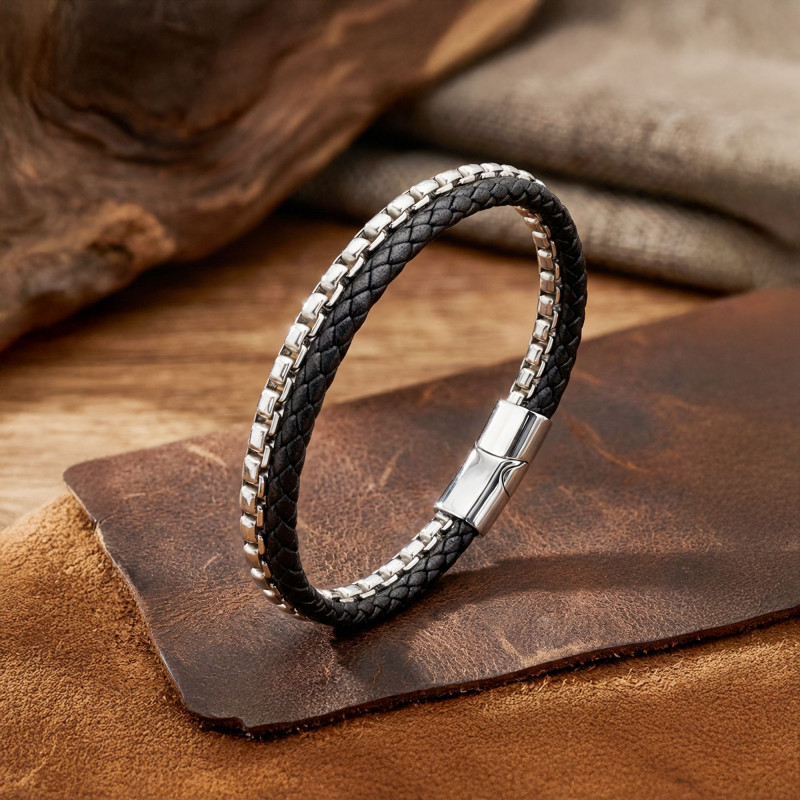 İkili Deri ve Çelik Zincir Bileklik