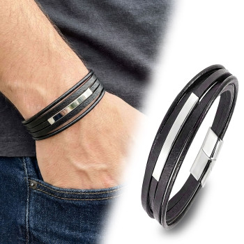 İsim Yazılabilir Beyaz Çelik Plakalı Çoklu Siyah Deri Erkek Bileklik