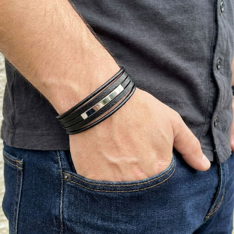 İsim Yazılabilir Beyaz Çelik Plakalı Çoklu Siyah Deri Erkek Bileklik