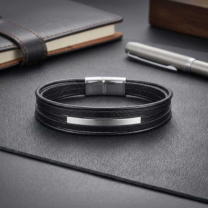 İsim Yazılabilir Beyaz Çelik Plakalı Çoklu Siyah Deri Erkek Bileklik