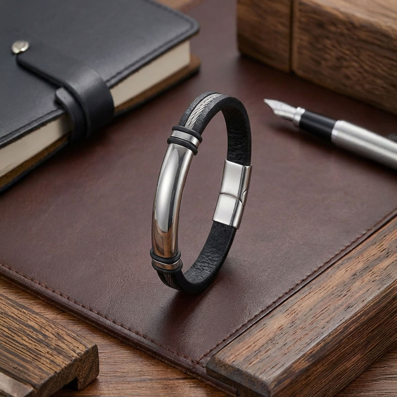 İsim Yazılabilir Çelik Halatlı Deri Ve Beyaz Titanyum Kilit Bileklik