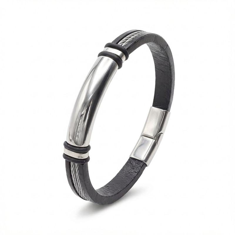 İsim Yazılabilir Çelik Halatlı Deri Ve Beyaz Titanyum Kilit Bileklik