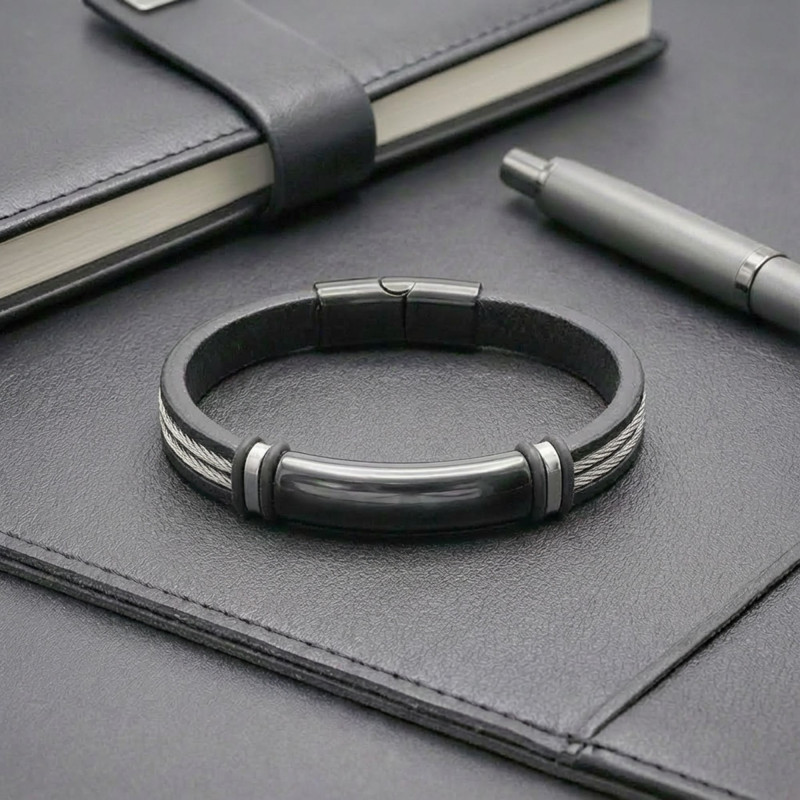 İsim Yazılabilir Çelik Halatlı Deri Ve Siyah Titanyum Kilit Bileklik