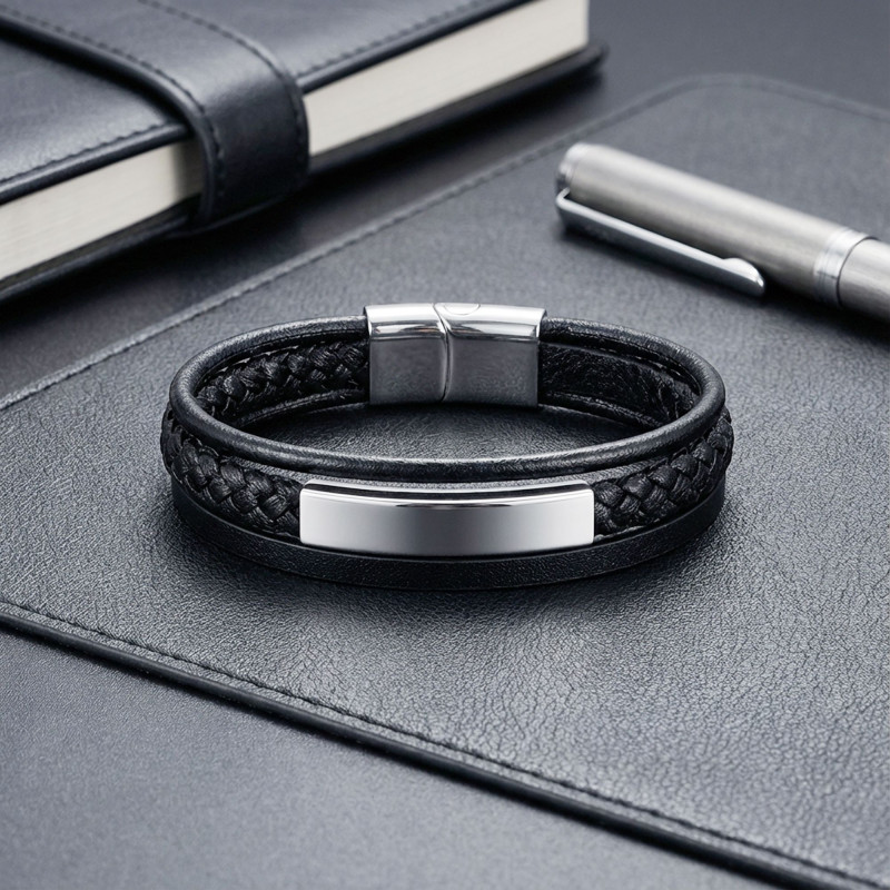 İsim Yazılabilir Deri Çelik Plaka Bileklik – Beyaz