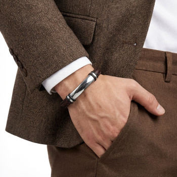 İsim Yazılabilir Kahverengi Deri Ve Bayaz Titanyum Kilit Bileklik