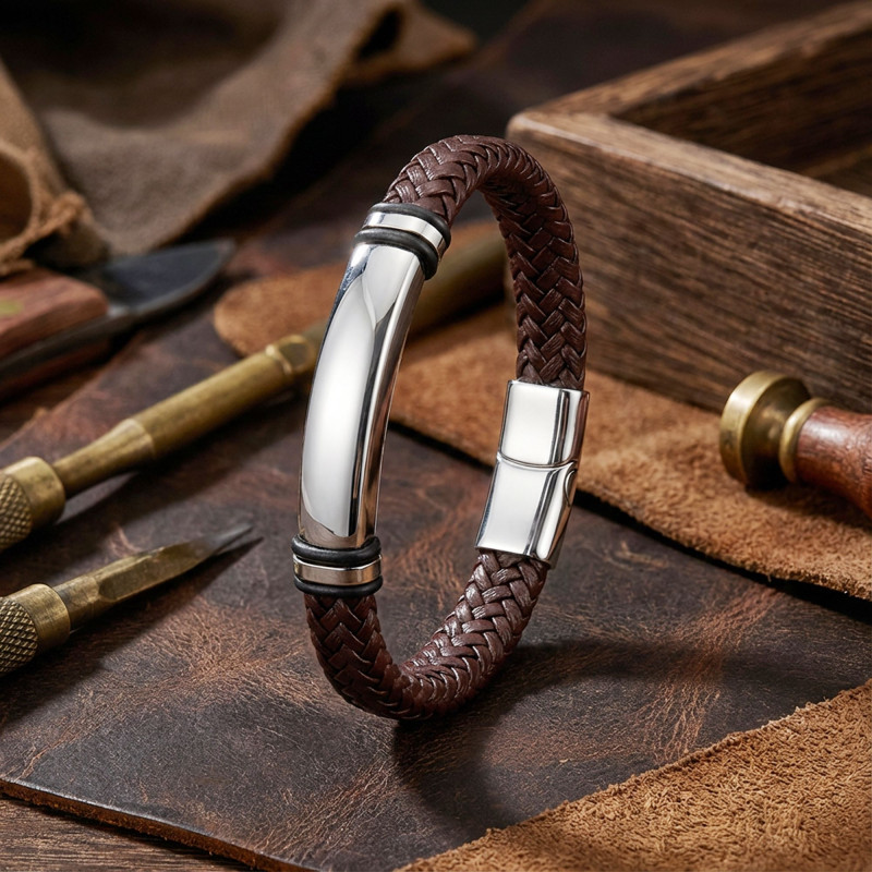 İsim Yazılabilir Kahverengi Deri Ve Bayaz Titanyum Kilit Bileklik İsim Yazılabilir Kahverengi Deri Ve Bayaz Titanyum Kilit Bileklik