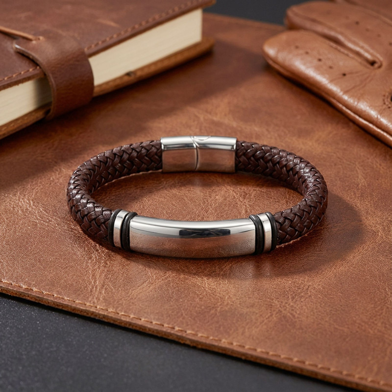 İsim Yazılabilir Kahverengi Deri Ve Bayaz Titanyum Kilit Bileklik İsim Yazılabilir Kahverengi Deri Ve Bayaz Titanyum Kilit Bileklik