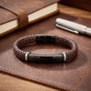 İsim Yazılabilir Kahverengi Deri Ve Siyah Titanyum Kilit Bileklik