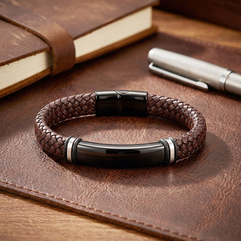 İsim Yazılabilir Kahverengi Deri Ve Siyah Titanyum Kilit Bileklik