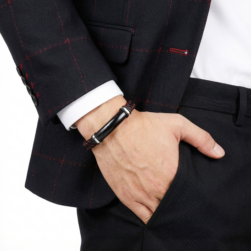 İsim Yazılabilir Kırmızı Siyah Deri Ve Siyah Titanyum Kilit Bileklik