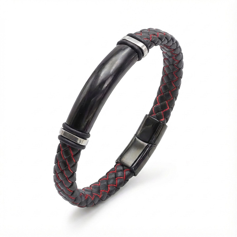 İsim Yazılabilir Kırmızı Siyah Deri Ve Siyah Titanyum Kilit Bileklik