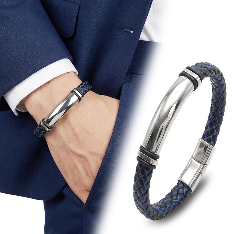 İsim Yazılabilir Mavi Siyah Deri Ve Beyaz Titanyum Kilit Bileklik İsim Yazılabilir Mavi Siyah Deri Ve Beyaz Titanyum Kilit Bileklik