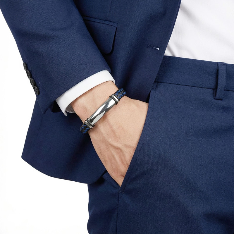 İsim Yazılabilir Mavi Siyah Deri Ve Beyaz Titanyum Kilit Bileklik İsim Yazılabilir Mavi Siyah Deri Ve Beyaz Titanyum Kilit Bileklik