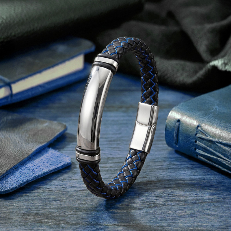 İsim Yazılabilir Mavi Siyah Deri Ve Beyaz Titanyum Kilit Bileklik İsim Yazılabilir Mavi Siyah Deri Ve Beyaz Titanyum Kilit Bileklik