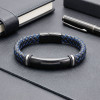 İsim Yazılabilir Mavi Siyah Deri Ve Siyah Titanyum Kilit Bileklik