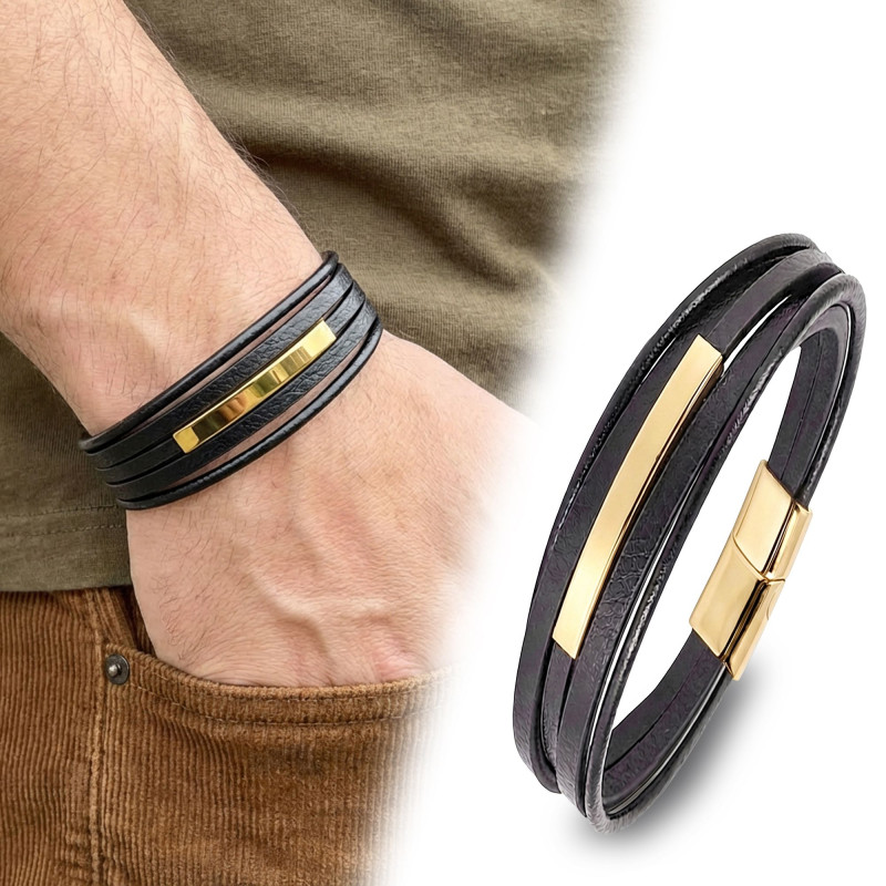 İsim Yazılabilir Sarı Titanyum Plakalı Çoklu Siyah Deri Erkek Bileklik İsim Yazılabilir Sarı Titanyum Plakalı Çoklu Siyah Deri Erkek Bileklik