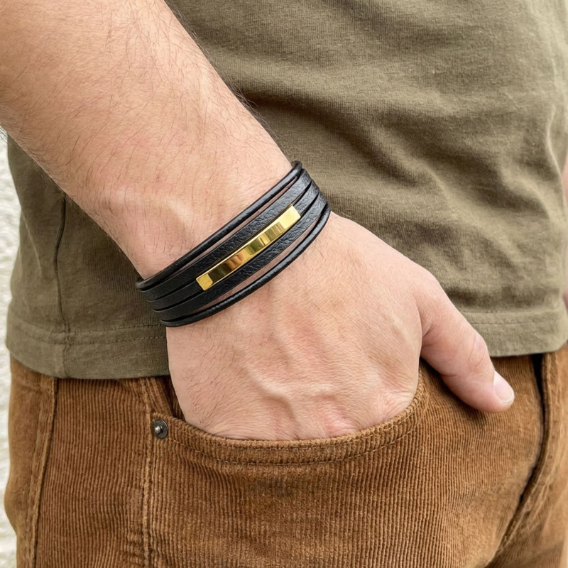 İsim Yazılabilir Sarı Titanyum Plakalı Çoklu Siyah Deri Erkek Bileklik İsim Yazılabilir Sarı Titanyum Plakalı Çoklu Siyah Deri Erkek Bileklik
