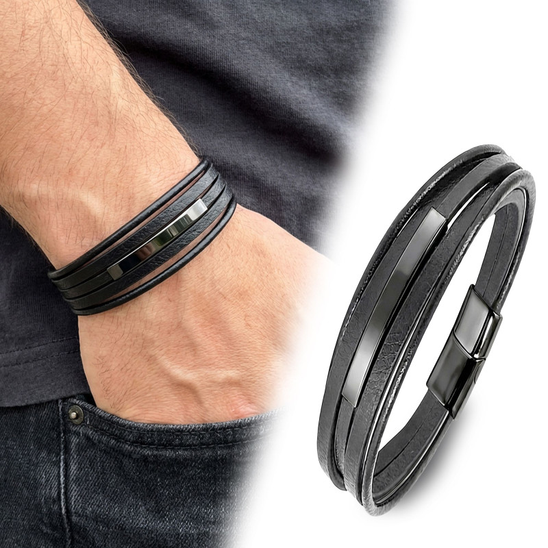 İsim Yazılabilir Siyah Titanyum Plakalı Çoklu Siyah Deri Erkek Bileklik İsim Yazılabilir Siyah Titanyum Plakalı Çoklu Siyah Deri Erkek Bileklik