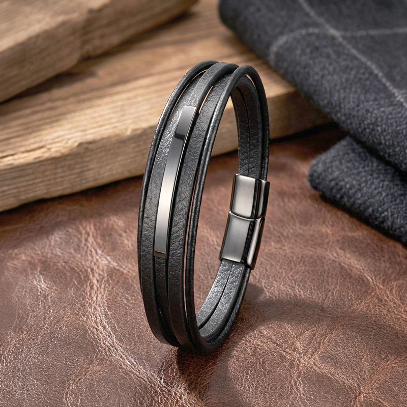 İsim Yazılabilir Siyah Titanyum Plakalı Çoklu Siyah Deri Erkek Bileklik İsim Yazılabilir Siyah Titanyum Plakalı Çoklu Siyah Deri Erkek Bileklik