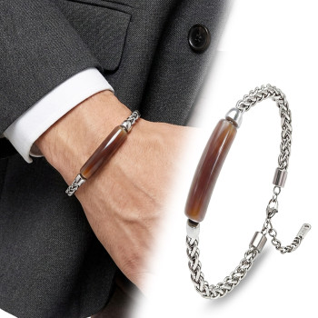 Kahve Akik Doğal Taşlı Ve Ayarlanabilir Çelik Zincir Bileklik