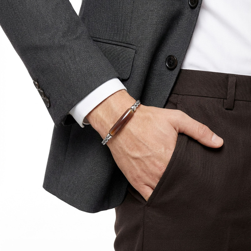 Kahve Akik Doğal Taşlı Ve Ayarlanabilir Çelik Zincir Bileklik