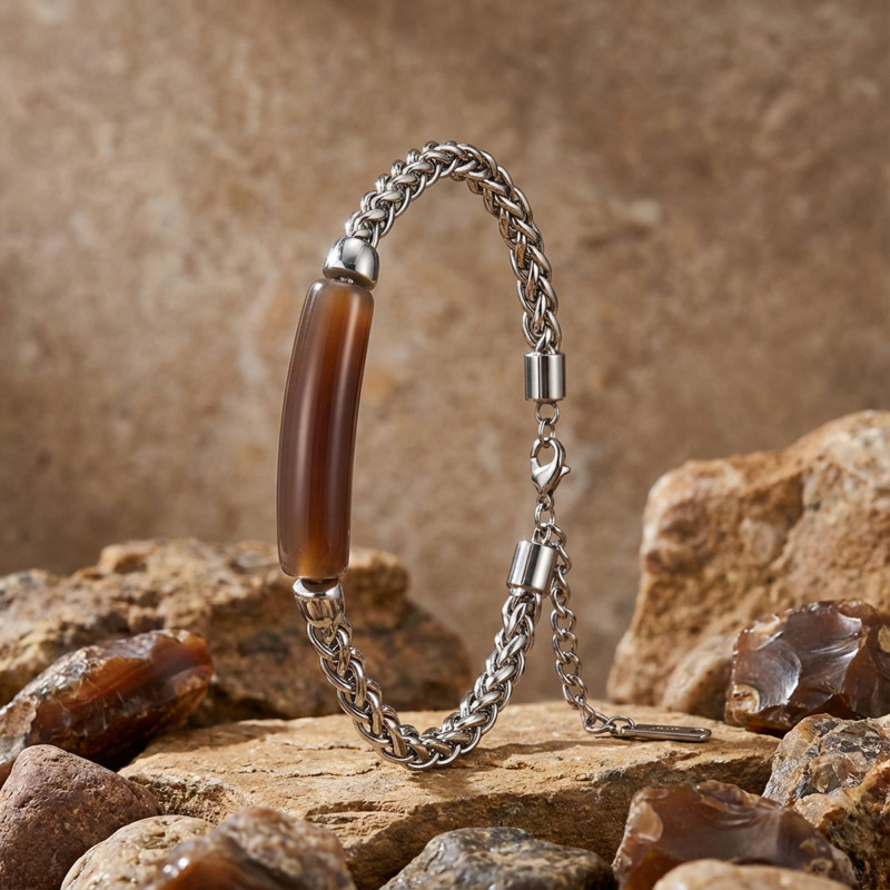 Kahve Akik Doğal Taşlı Ve Ayarlanabilir Çelik Zincir Bileklik