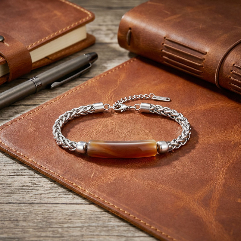 Kahve Akik Doğal Taşlı Ve Ayarlanabilir Çelik Zincir Bileklik